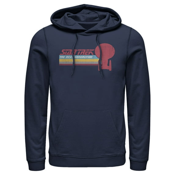Men's Star Trek: The Next Generation USS Enterprise Vertical Retro Rainbow Logo Pull Over Hoodie Navy Blue 2X Large