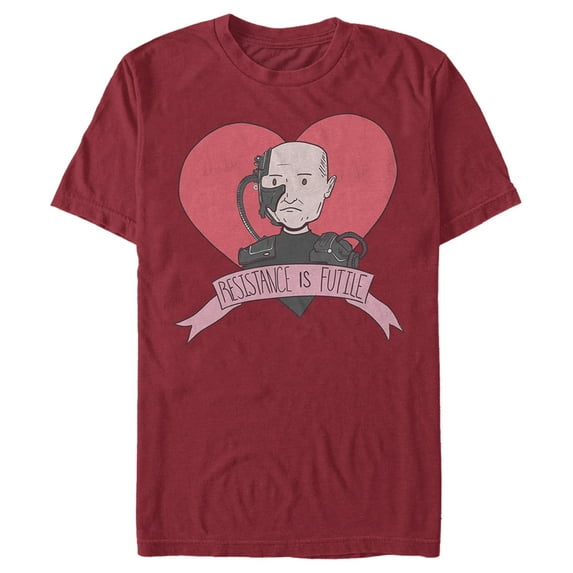 Men's Star Trek: The Next Generation Valentine's Cartoon Borg Picard Heart Resistance Is Futile Graphic Tee Cardinal 3X Large