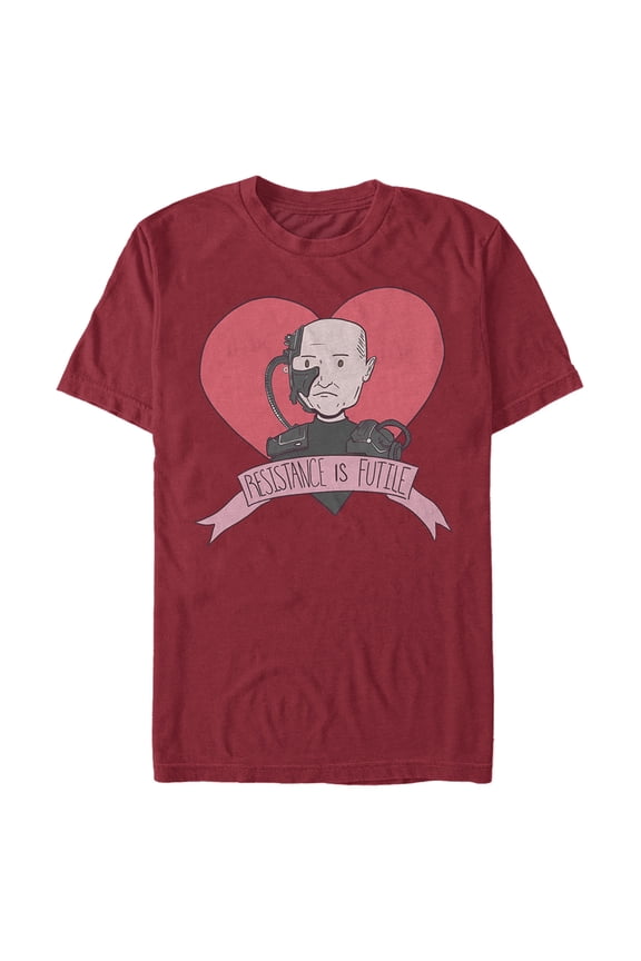 Men's Star Trek: The Next Generation Valentine's Cartoon Borg Picard Heart Resistance Is Futile Graphic Tee Cardinal Large