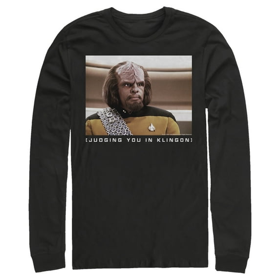 Men's Star Trek: The Next Generation Worf Judging You in Klingon Long Sleeve Shirt Black X Large