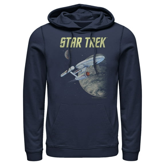 Men's Star Trek: The Original Series USS Enterprise Discovering New Worlds In Space  Pull Over Hoodie Navy Blue 2X Large