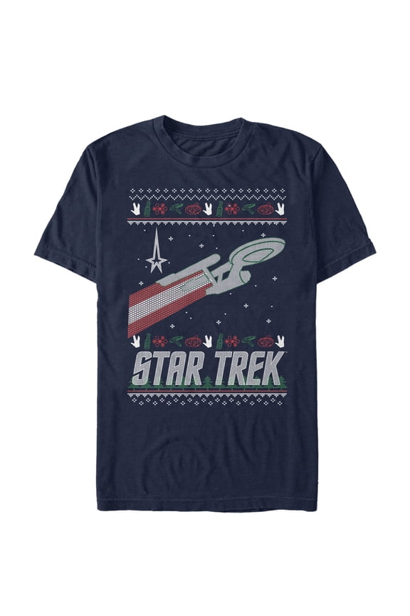 Men's Star Trek USS Enterprise Ugly Christmas Sweater Graphic Tee Navy Blue 3X Large