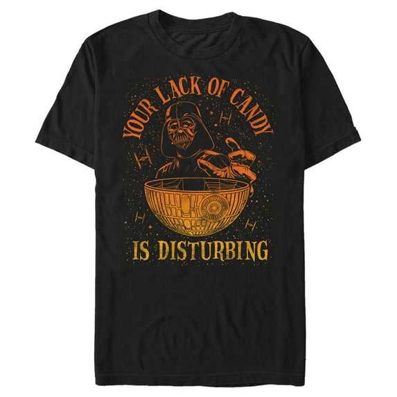 Men's Star Wars: A New Hope Halloween Darth Vader and Death Star Your Lack of Candy is Disturbing Graphic Tee Black Large