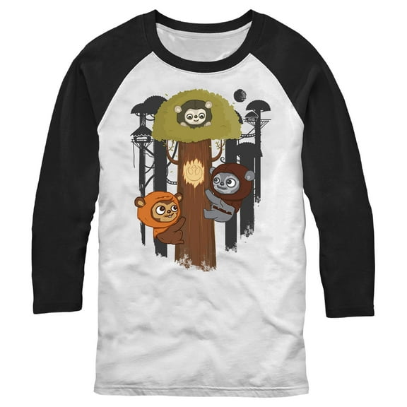 Men's Star Wars Cartoon Ewoks  Baseball Graphic Tee White/Black X Large