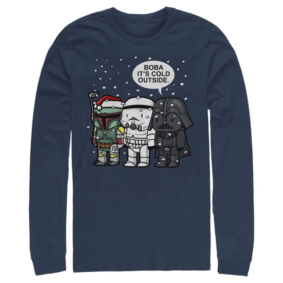 Men's Star Wars Christmas Boba It's Cold Outside Long Sleeve Shirt Navy Blue Medium
