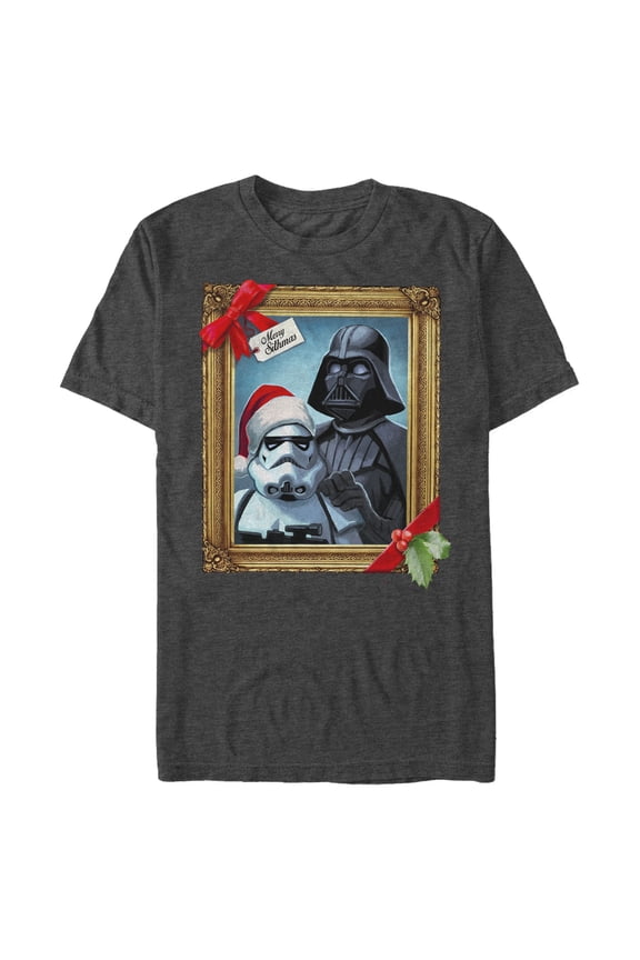 Men's Star Wars Christmas Vader Trooper Family Photo Graphic Tee Charcoal Heather Large
