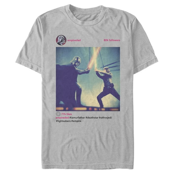 Men's Star Wars Darth Luke Epic Hash Tag Duel  Graphic Tee Silver Large