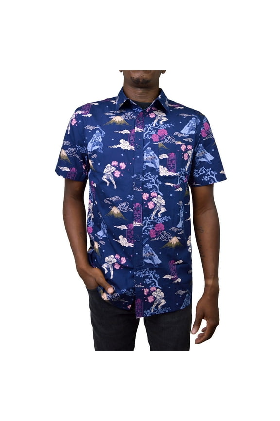 Men's Star Wars Darth Vader and Stormtroopers Samurai Print Button Down Shirt Navy 2X Large