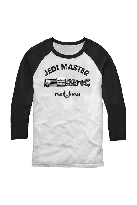 Men's Star Wars Distressed Jedi Master Lightsaber Baseball Graphic Tee White/Black 2X Large