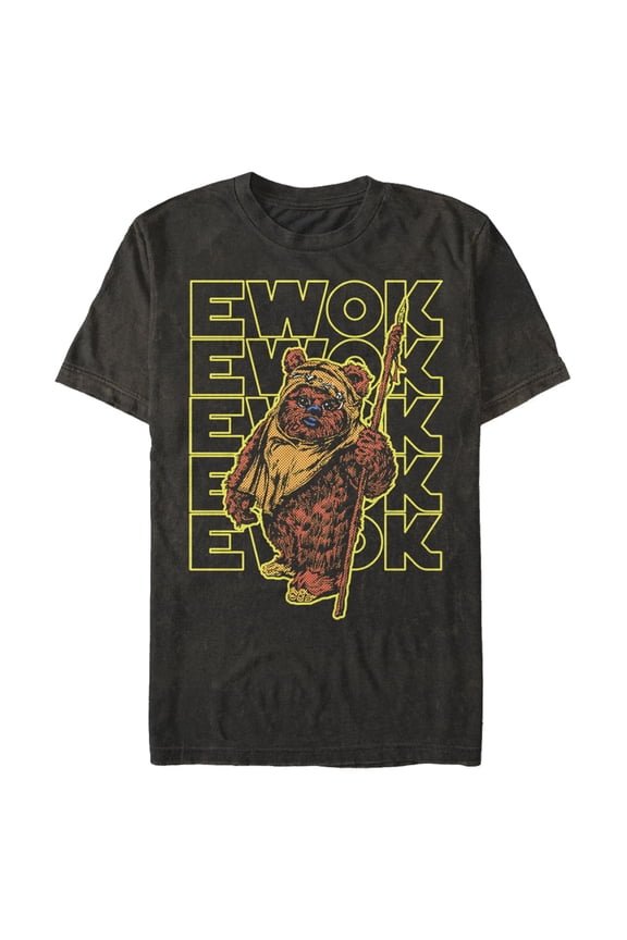 Men's Star Wars Ewok Stacked Yellow Text Graphic Tee Black 3X Large