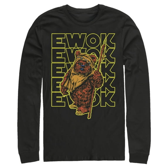 Men's Star Wars Ewok Stacked Yellow Text Long Sleeve Shirt Black Large