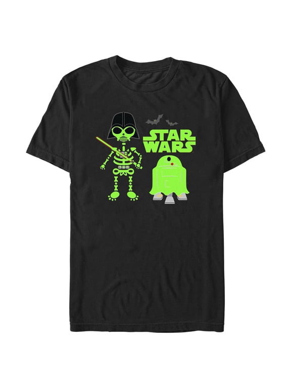 Men's Star Wars Halloween Darth Vader and R2-D2 Green Costumes Graphic Tee Black Large