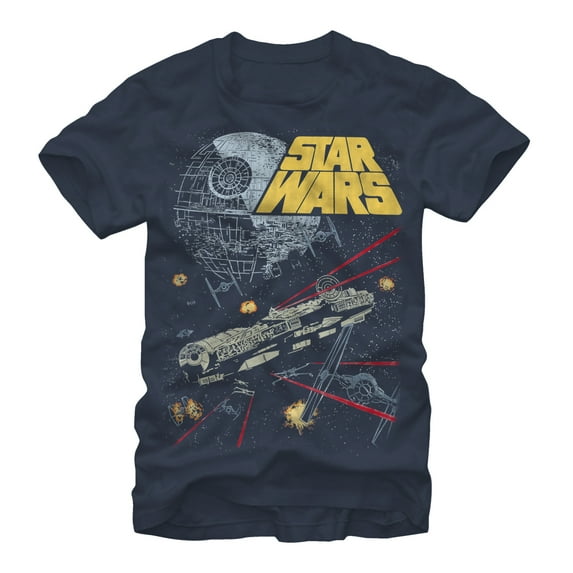 Men's Star Wars Millennium Falcon Battle Graphic Tee Navy Blue Large