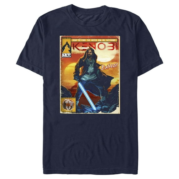 Men's Star Wars: Obi-Wan Kenobi Vintage Comic with Exiled Kenobi Graphic Tee Navy Blue / Exiled Medium