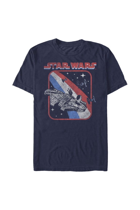 Men's Star Wars Patriotic Vintage Millennium Falcon Stripes Graphic Tee Navy Blue 2X Large