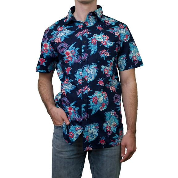 Men's Star Wars R2-D2 and Millennium Falcon Hawaiian Print Button Down Shirt Navy Small