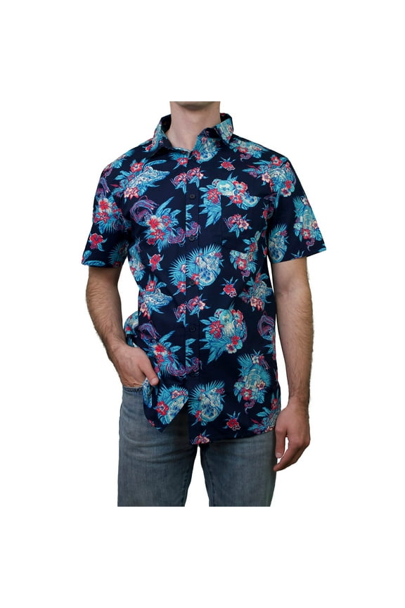 Men's Star Wars R2-D2 and Millennium Falcon Hawaiian Print Button Down Shirt Navy Small