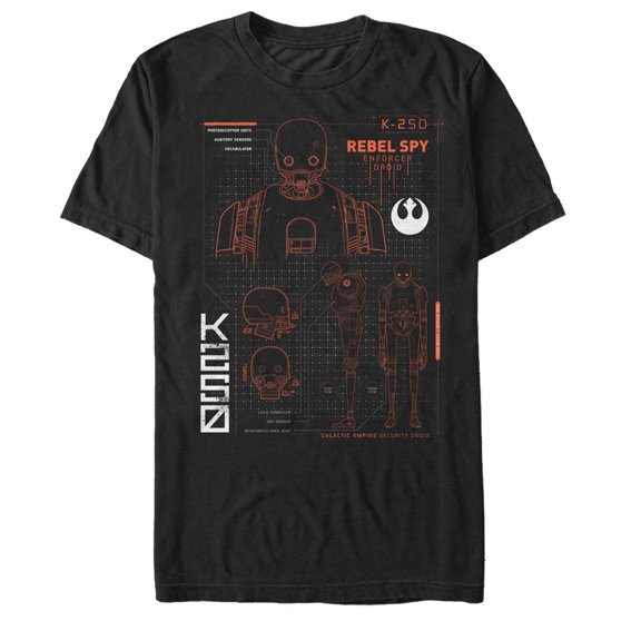 Men's Star Wars Rogue One K-2SO Rebel Spy Schematic Print Graphic Tee Black 3X Large