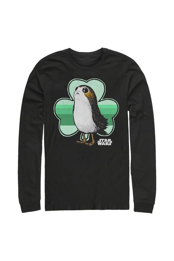 Men's Star Wars St. Patrick's Day Porg and a Shamrock Long Sleeve Shirt Black X Large