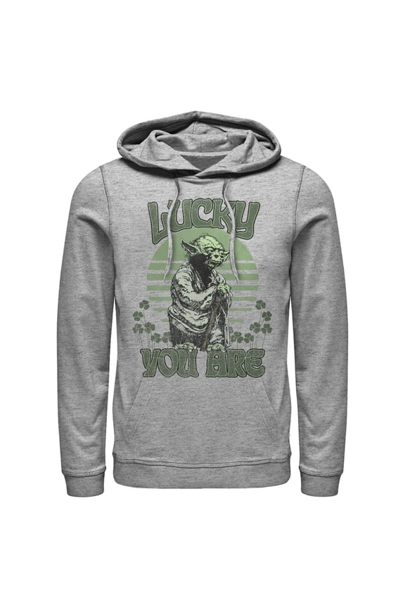 Men's Star Wars St. Patrick's Day Yoda Lucky You Are Clovers  Pull Over Hoodie Athletic Heather Small