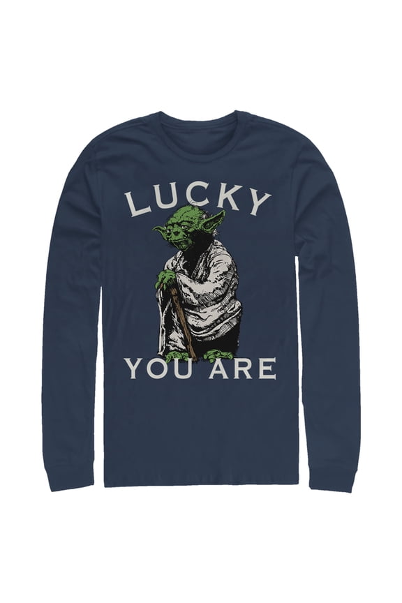 Men's Star Wars St. Patrick's Day Yoda Lucky You Are Long Sleeve Shirt Navy Blue Medium