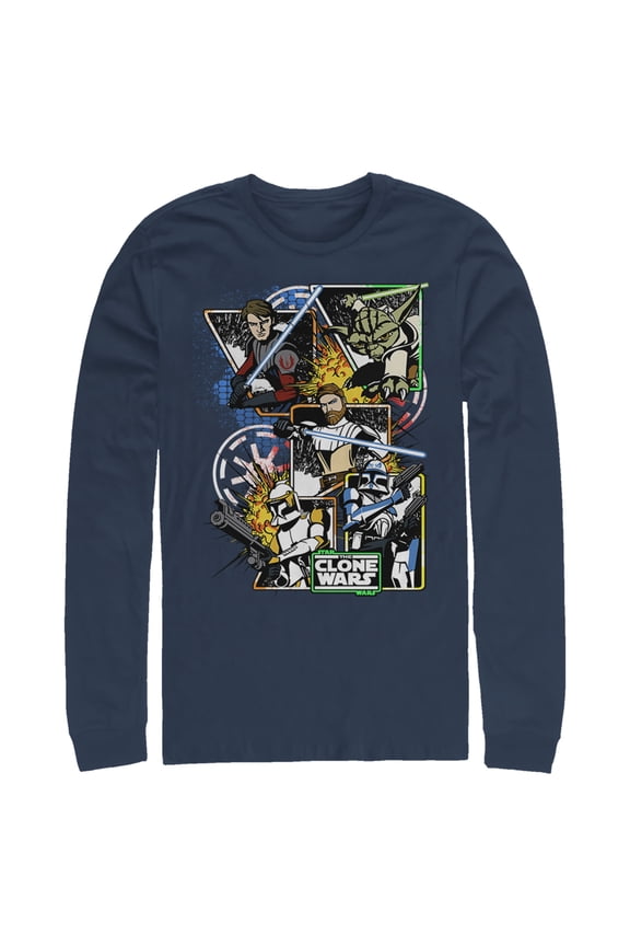 Men's Star Wars: The Clone Wars Group Shot Comic Panels Graphic Tee Navy Blue Large