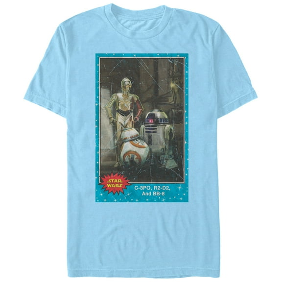 Men's Star Wars The Force Awakens C-3PO, R2-D2, and BB-8 Trading Card  Graphic Tee Light Blue Medium