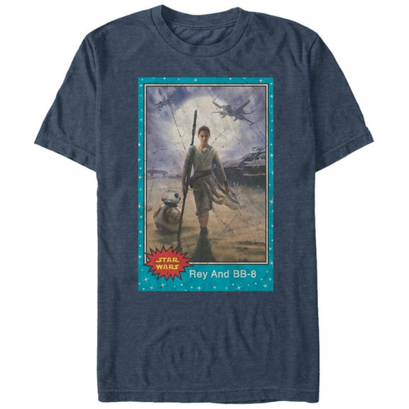 Men's Star Wars The Force Awakens Rey and BB-8 Trading Card  Graphic Tee Navy Blue Heather Medium