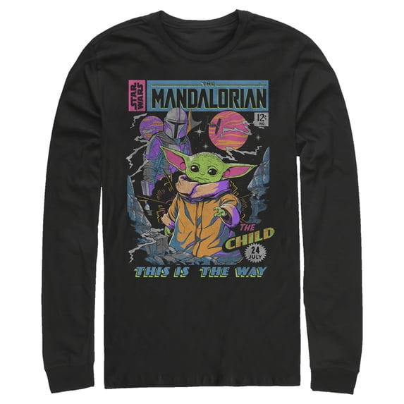 Men's Star Wars: The Mandalorian 12 Cents Retro Comic Long Sleeve Shirt Black Small