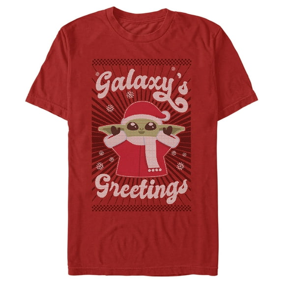 Men's Star Wars: The Mandalorian Christmas Grogu Galaxy's Greetings Cute  Graphic Tee Red Medium
