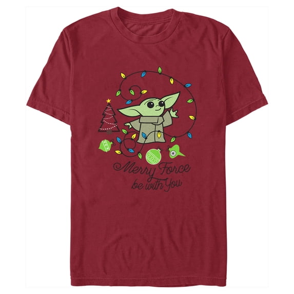 Men's Star Wars: The Mandalorian Christmas Grogu Merry Force Be With You Graphic Tee Cardinal 3X Large