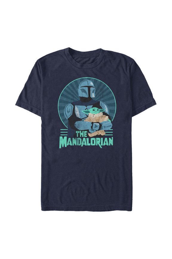 Men's Star Wars: The Mandalorian Father's Day Mando and Grogu Retro Logo Graphic Tee Navy Blue Large