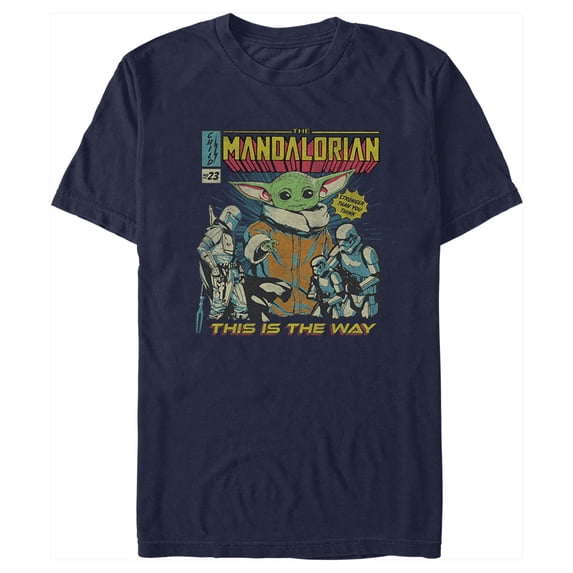 Men's Star Wars: The Mandalorian Grogu Retro Comic Book Cover Graphic Tee Navy Blue Small