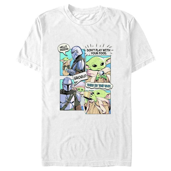Men's Star Wars: The Mandalorian Grogu and Din Djarin Comic Strip Graphic Tee White 2X Large