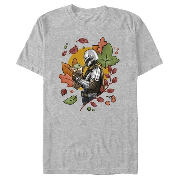 Men's Star Wars: The Mandalorian Grogu and Din Djarin Fall Leaves Love Graphic Tee Athletic Heather 2X Large