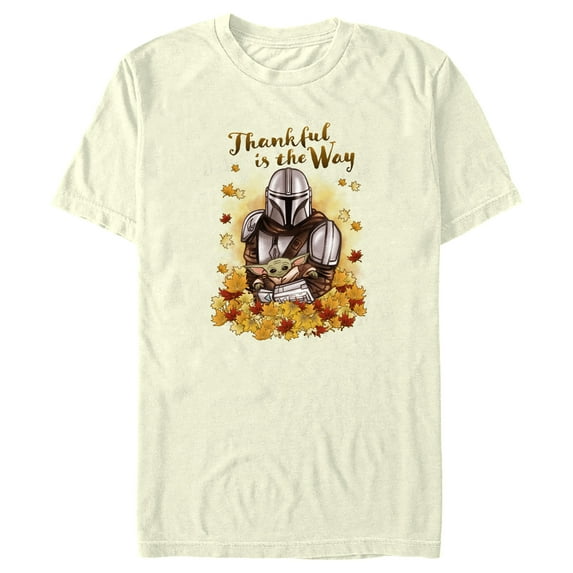 Men's Star Wars: The Mandalorian Grogu and Din Djarin Thankful is the Way Graphic Tee Beige Large
