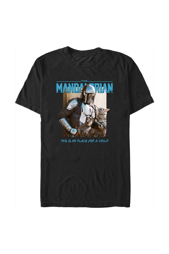 Men's Star Wars: The Mandalorian Grogu and Din Djarin This is no Place for a Child Graphic Tee Black Small