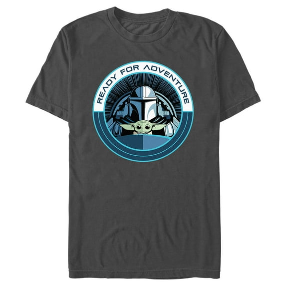 Men's Star Wars: The Mandalorian Ready for Adventure Grogu and Mando Badge Graphic Tee Charcoal Medium