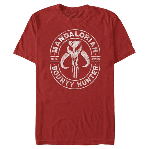 Men's Star Wars: The Mandalorian Seek & Destroy Stamp  Graphic Tee Red Large
