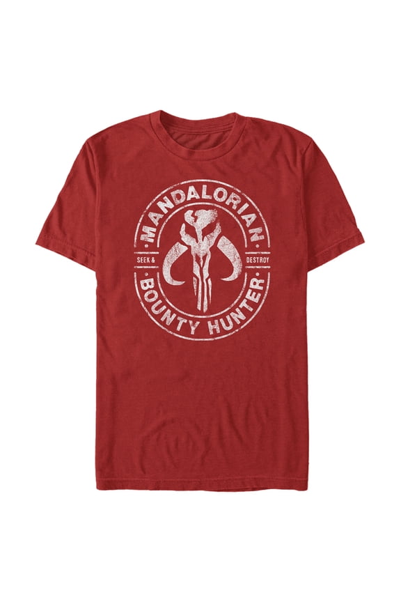 Men's Star Wars: The Mandalorian Seek & Destroy Stamp Graphic Tee Red Small