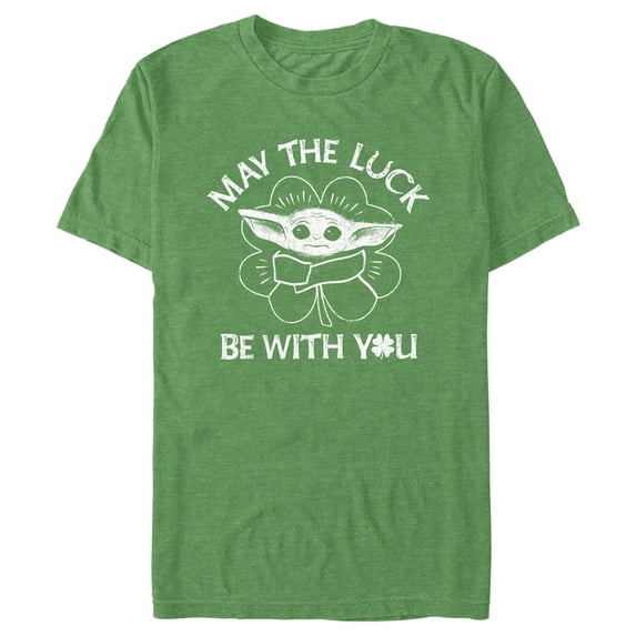 Men's Star Wars: The Mandalorian St. Patrick's Day Grogu May the Luck be with You Distressed Graphic Tee Kelly Heather Large