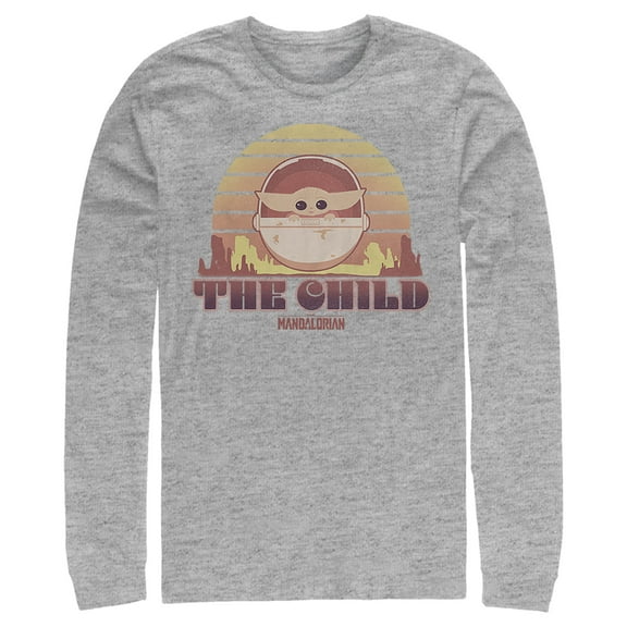 Men's Star Wars: The Mandalorian The Child Cartoon Retro Sunset  Long Sleeve Shirt Athletic Heather Large