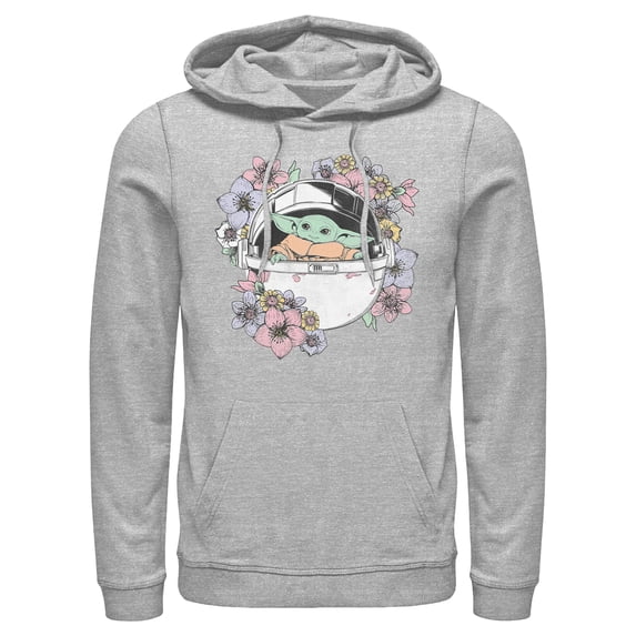 Men's Star Wars: The Mandalorian The Child Floral Bassinet Pull Over Hoodie Athletic Heather 3X Large