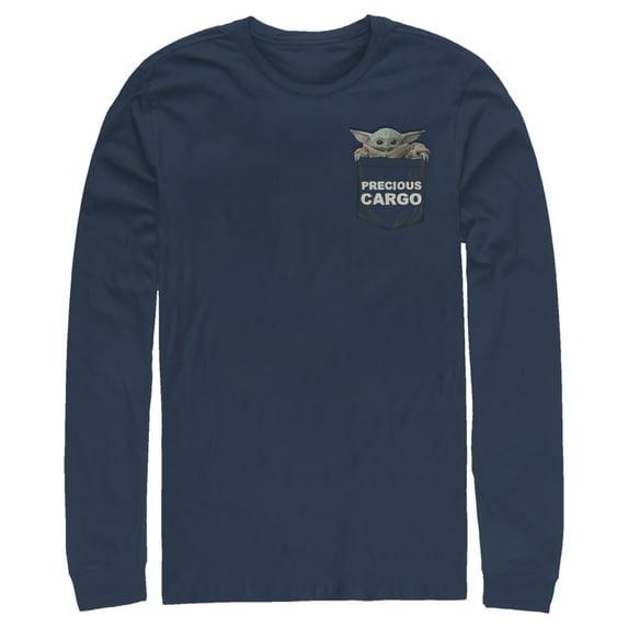 Men's Star Wars: The Mandalorian The Child Precious Cargo Pocket Long Sleeve Shirt Navy Blue Small