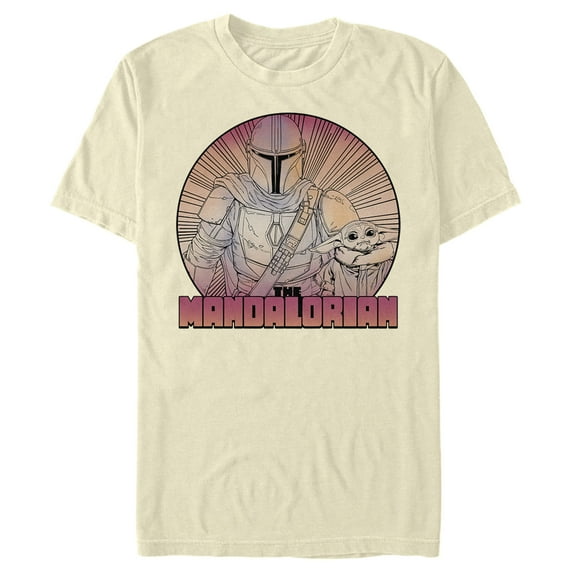 Men's Star Wars: The Mandalorian The Child and Mando Radiating Lines Graphic Tee Cream Medium