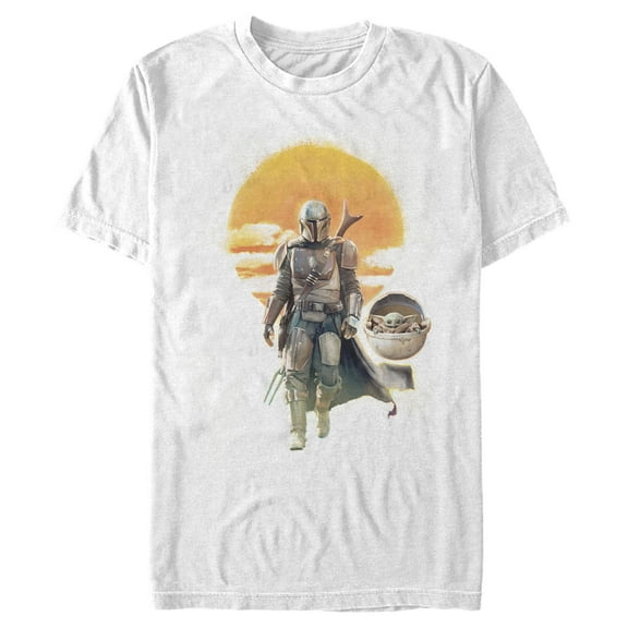 Men's Star Wars: The Mandalorian The Child and Mando Walking Sunset  Graphic Tee White Small
