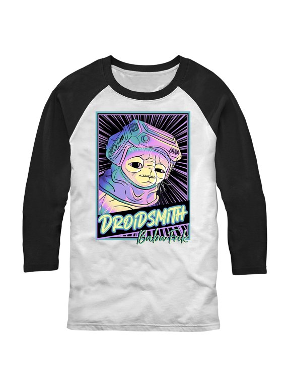 Men's Star Wars: The Rise of Skywalker Babu Frik Neon Poster Baseball Graphic Tee White/Black Medium