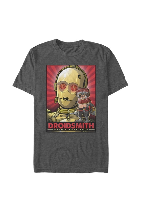 Men's Star Wars: The Rise of Skywalker C-3PO & Babu Frik Neon Graphic Tee Charcoal Heather Small