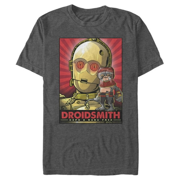 Men's Star Wars: The Rise of Skywalker C-3PO & Babu Frik Neon Graphic Tee Charcoal Heather X Large