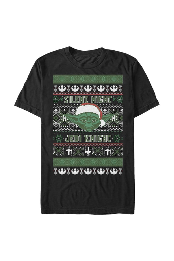 Men's Star Wars Ugly Christmas Yoda Silent Night Graphic Tee Black Medium